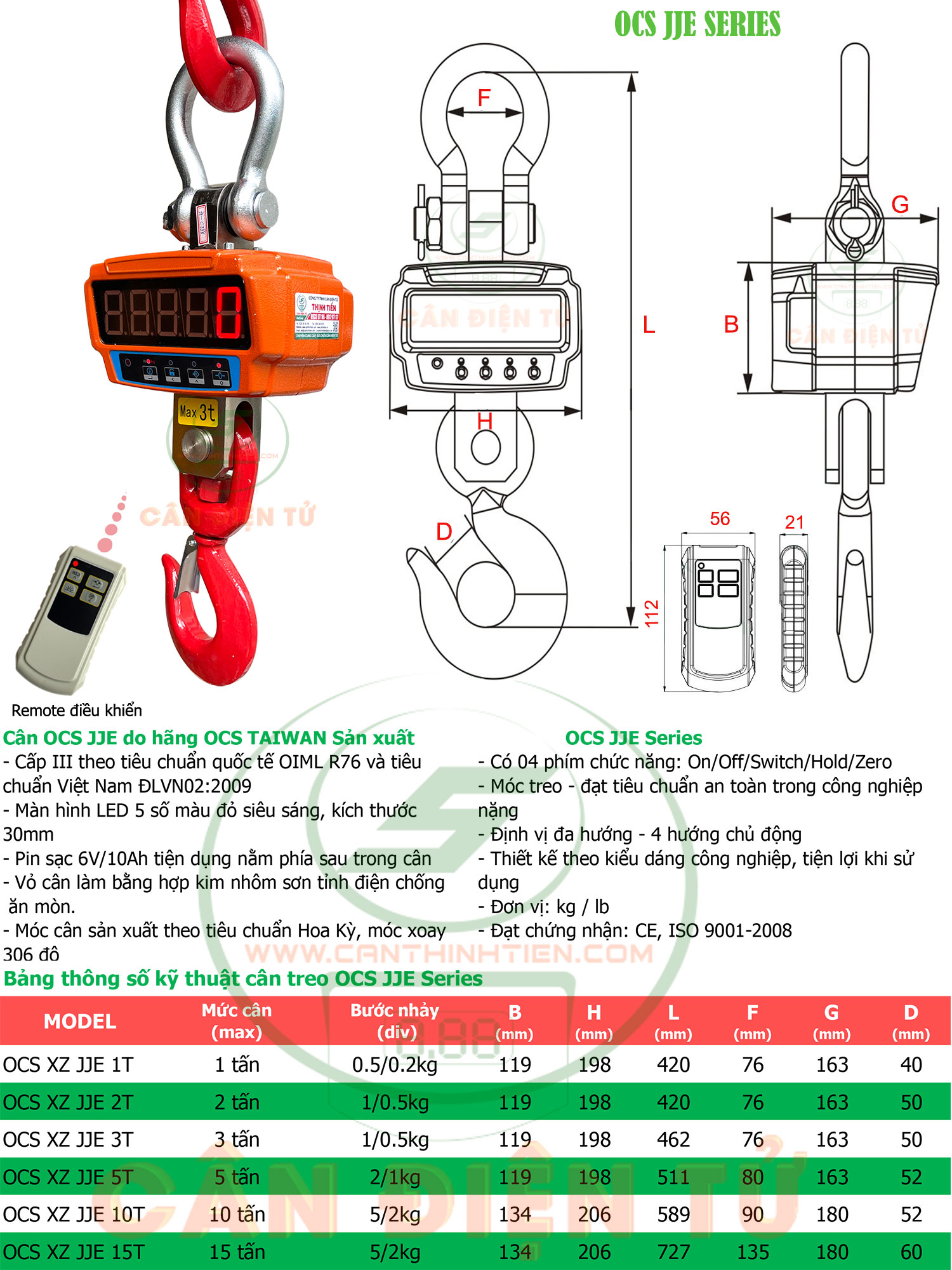 Bảng thông số cân treo OCS JJE 3 tấn